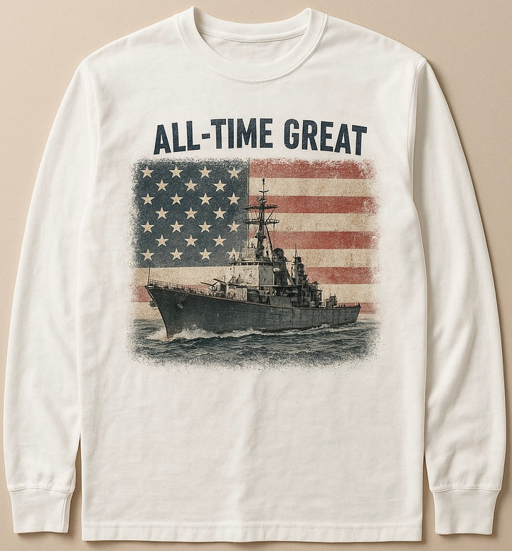 All Time Great Americana US Flag over battleship long sleeve T shirt