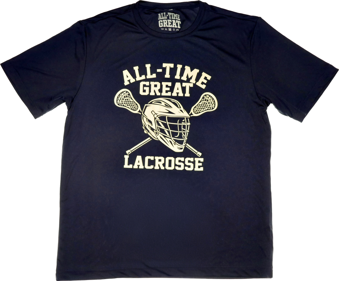 All-Time Great Lacrosse Helmet and sticks short-sleeve t