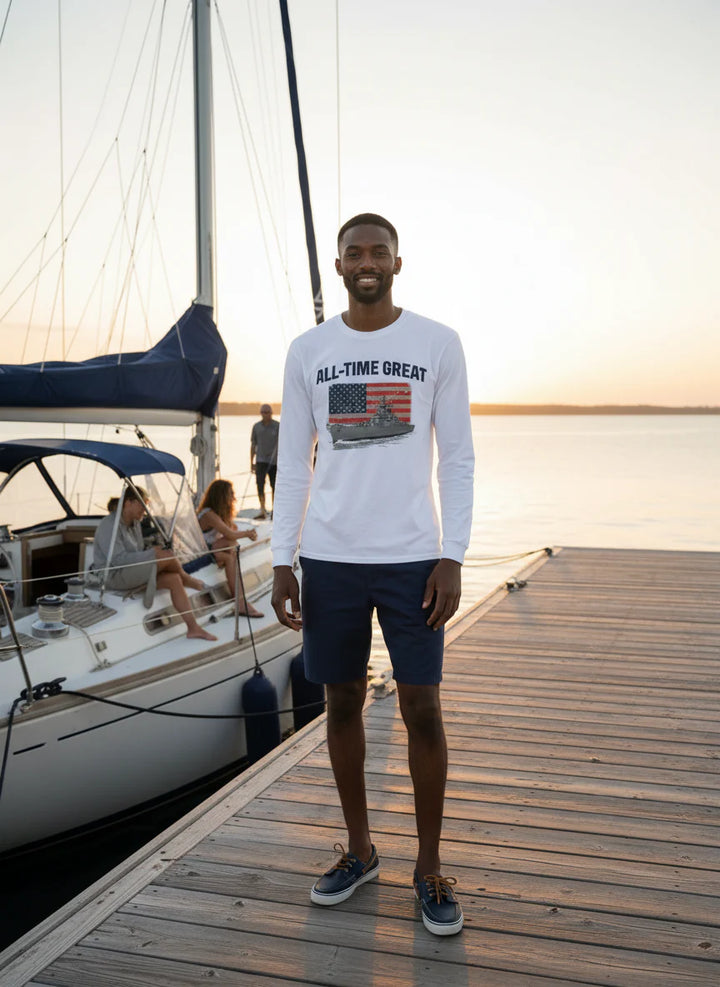 All Time Great Americana US Flag over battleship long sleeve T shirt