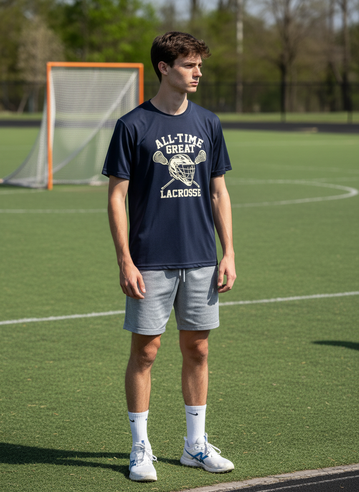 All-Time Great Lacrosse Helmet and sticks short-sleeve t
