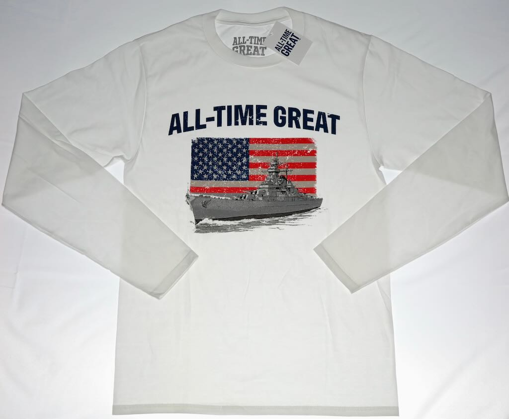 All Time Great Americana US Flag over battleship long sleeve T shirt